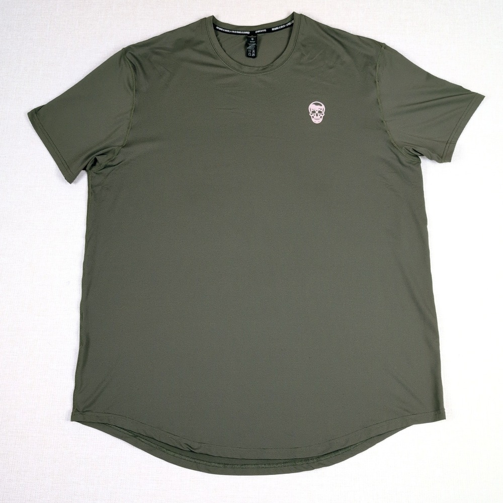 Gymreapers Performance T-Shirt Mens 3XL Olive Green Curved Hem Skull Logo Tee
